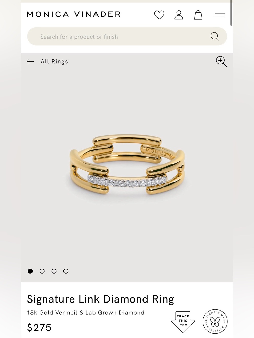 NWT MONICA VINADER Signature Link 18k Gold Vermeil and Lab Grown Diamond Ring